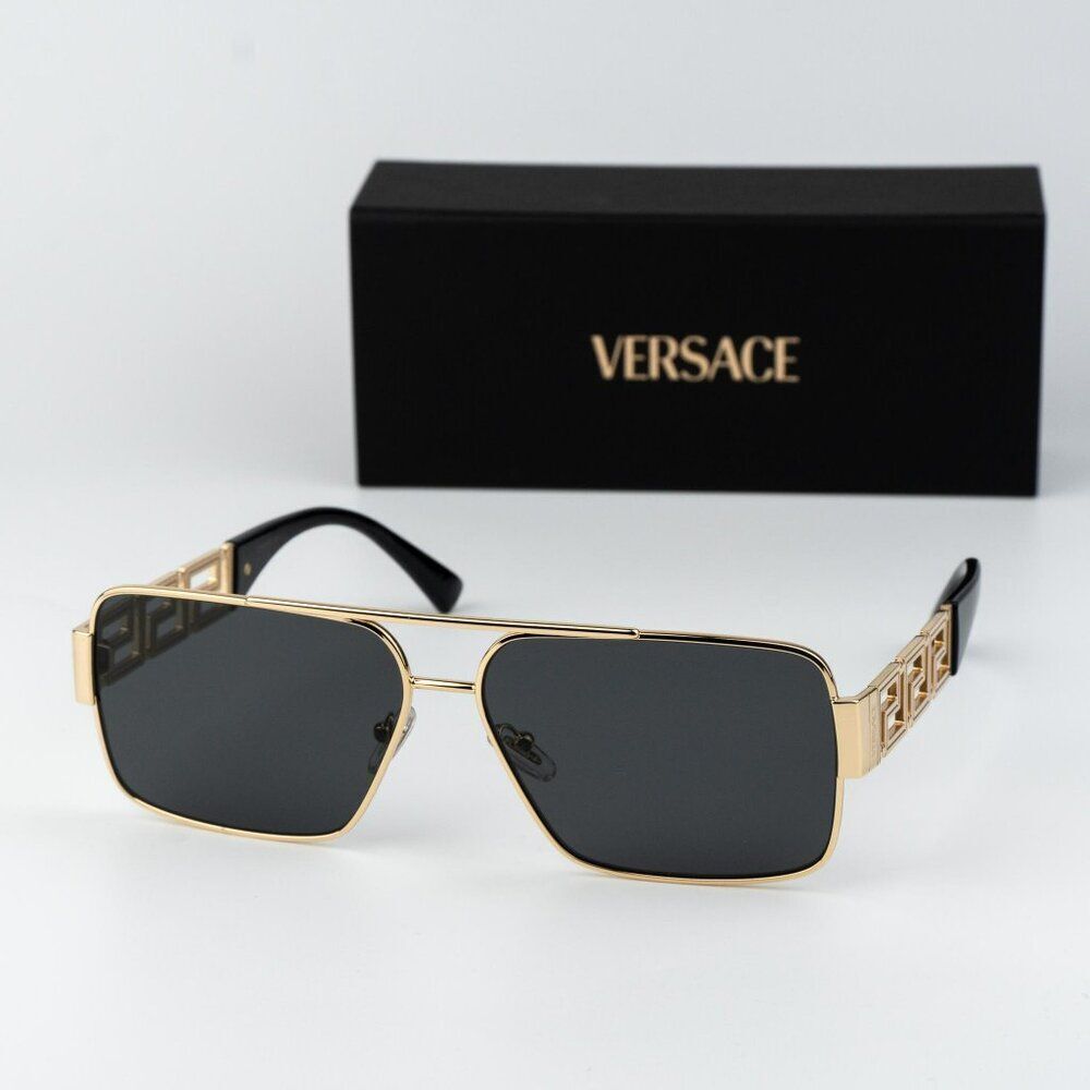 Versace Men Sunglasses Gold Grey Rectangle VE2290 100287 NEW AUTHENTIC